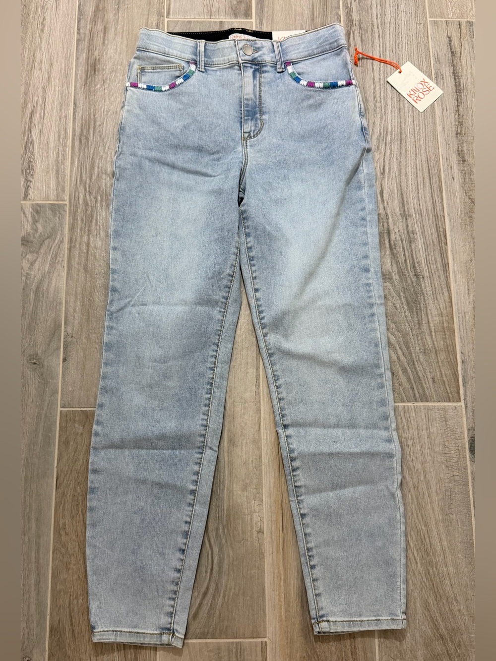 NWT Knox Rose Light Blue High-Rise Jeans with Multicolor Stitched Trim Size 6